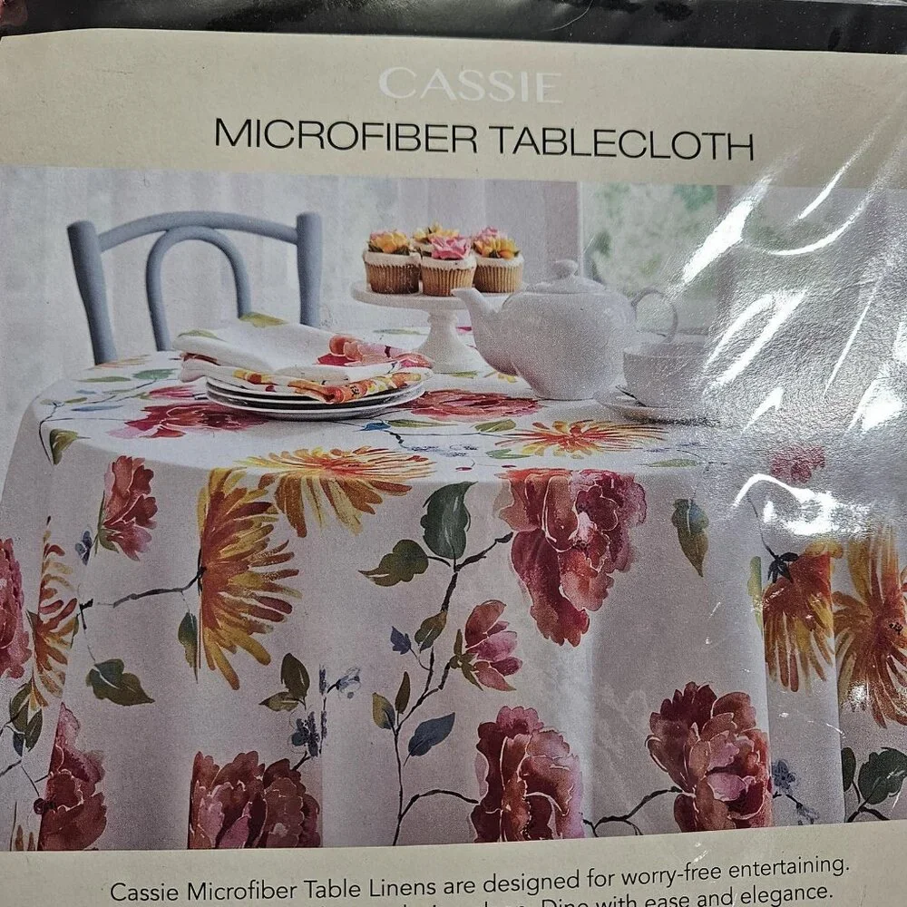 Microfiber Tablecloth Linen 60x84 Oval Cassie Floral White Yellow Waterproof